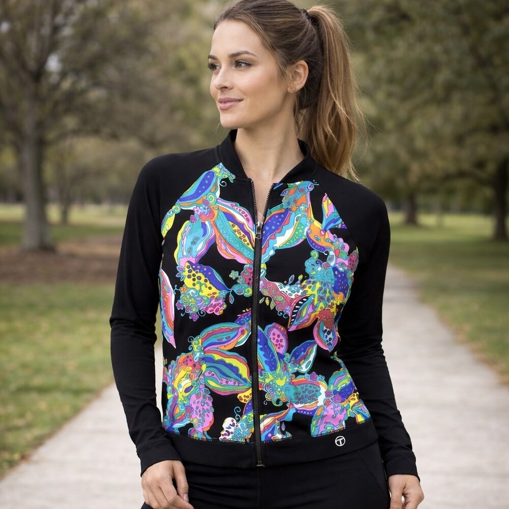 Trina Turk Jacket Medium Black Colorful Print Long Sleeve Front‎ Zip
